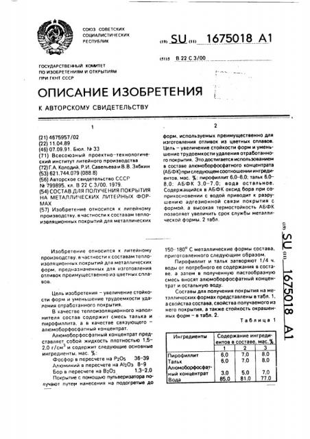 Состав для получения покрытия на металлических литейных формах (патент 1675018)