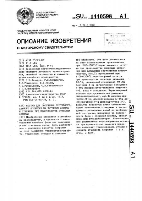 Состав для получения противопригарного покрытия на литейных формах и стержнях при производстве стальных отливок (патент 1440598)