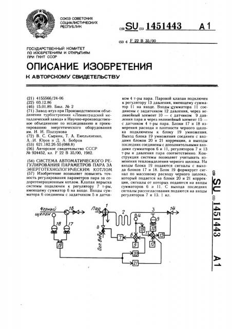Система автоматического регулирования параметров пара за энерготехнологическим котлом (патент 1451443)