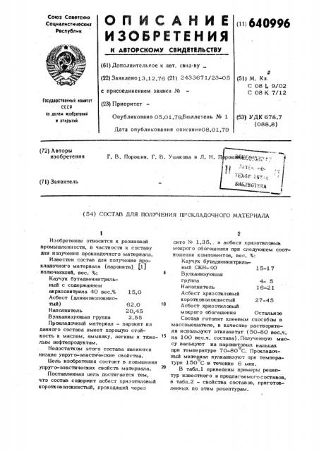 Состав для получения прокладочного материала (патент 640996)