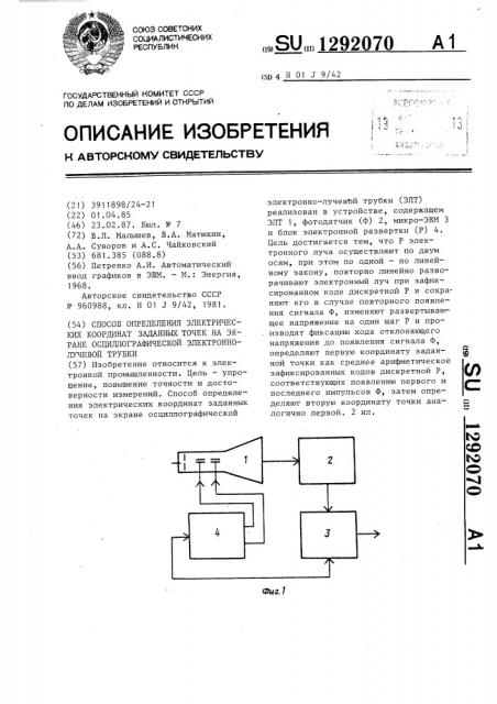 Способ определения электрических координат заданных точек на экране осциллографической электроннолучевой трубки (патент 1292070)