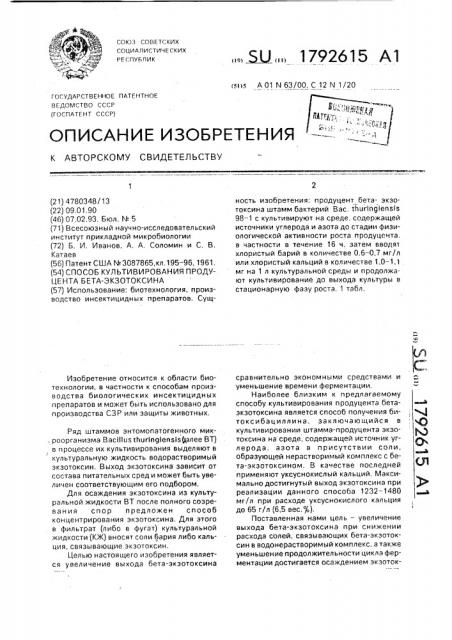 Способ культивирования продуцента бета-экзотоксина (патент 1792615)