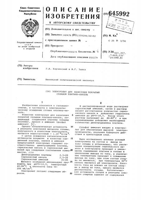 Электролит для нанесения покрытий сплавом платина-никель (патент 645992)