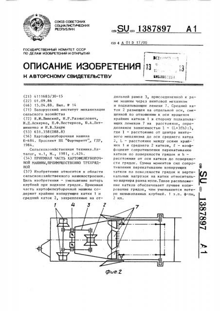 Приемная часть картофелеуборочной машины, преимущественно трехрядной (патент 1387897)