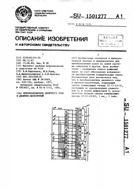 Преобразователь двоичного кода в двоично-десятичный (патент 1501277)