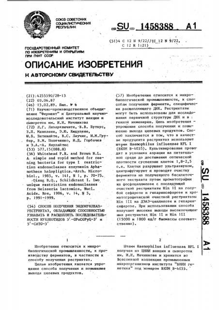 Способ получения эндонуклеаз-рестриктаз, обладающих способностью узнавать и расщеплять последовательности нуклеотидов 5 @ -gpucgpyc-3 @ и 5 @ -catg-3 @ (патент 1458388)