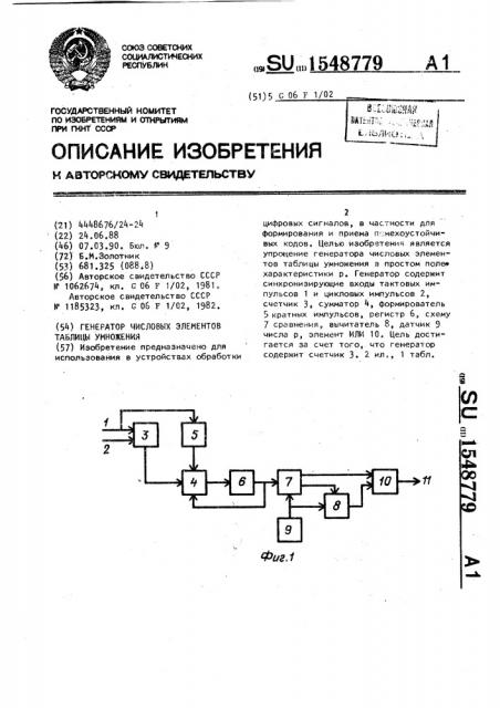 Генератор числовых элементов таблицы умножения (патент 1548779)