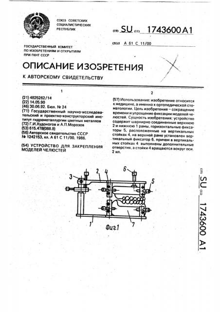 Устройство для закрепления моделей челюстей (патент 1743600)