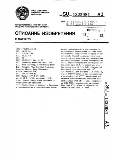 Способ определения пирувата в биологических объектах (патент 1322984)