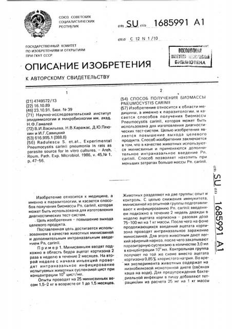Способ получения биомассы рnеuмосysтis carinii (патент 1685991)