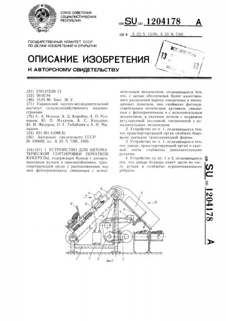 Устройство для автоматической сортировки початков кукурузы (патент 1204178)