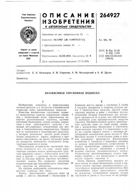 Независимая торсионная подвеска (патент 264927)