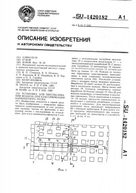 Установка для обеспыливания воздуха при классификации карбонатного песка (патент 1420182)