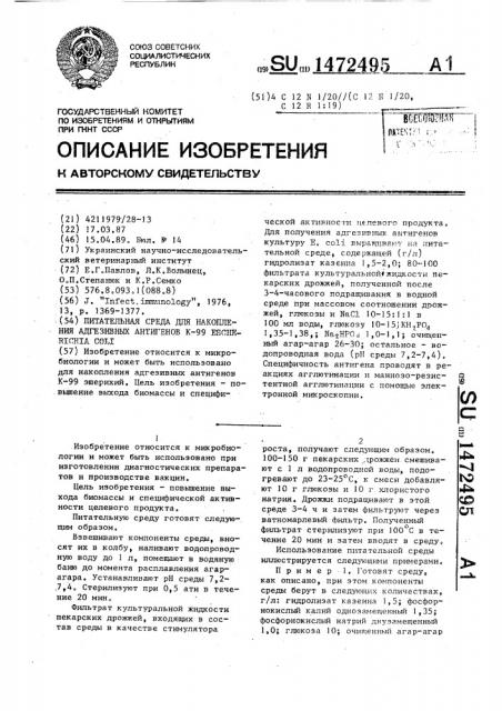 Питательная среда для накопления адгезивных антигенов к-99 еsснеriснiа coli (патент 1472495)