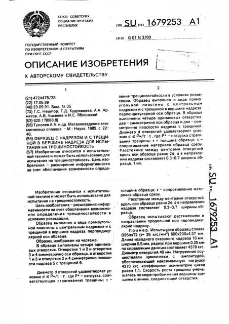 Образец с надрезом и с трещиной в вершине надреза для испытания на трещиностойкость (патент 1679253)