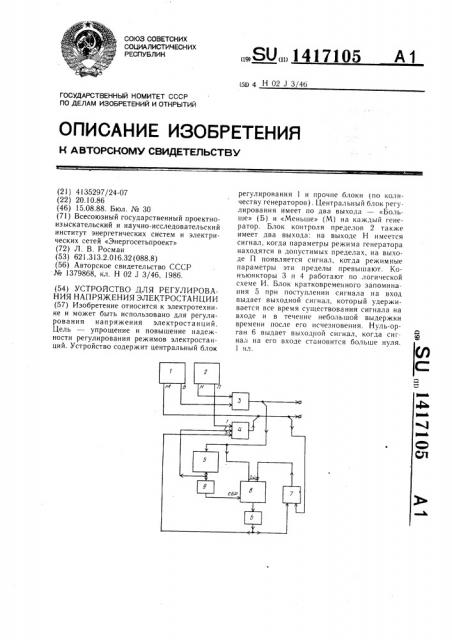 Устройство для регулирования напряжения электростанции (патент 1417105)