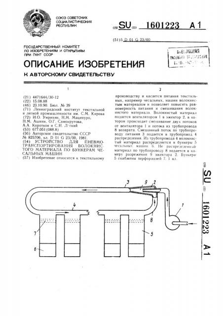 Устройство для пневмотранспортирования волокнистого материала по бункерам чесальных машин (патент 1601223)