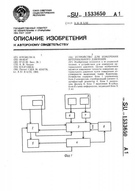 Устройство для измерения артериального давления (патент 1533650)