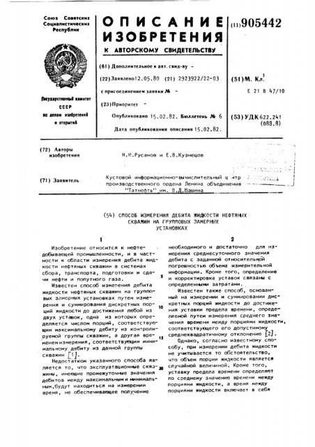 Способ измерения дебита жидкости нефтяных скважин на групповых замерных установках (патент 905442)