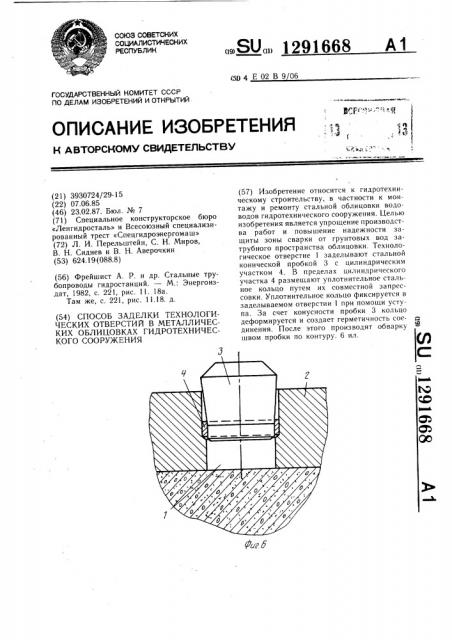 Способ заделки технологических отверстий в металлических облицовках гидротехнического сооружения (патент 1291668)