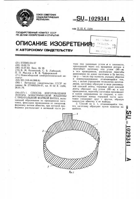 Способ изготовления ротора электрической машины с треугольной формой витка (патент 1029341)