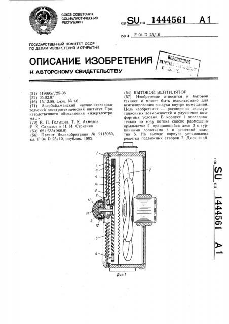 Бытовой вентилятор (патент 1444561)