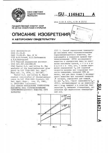 Способ определения температуры максимума пика термовысвечивания термолюминисцентного вещества (его варианты) (патент 1148471)