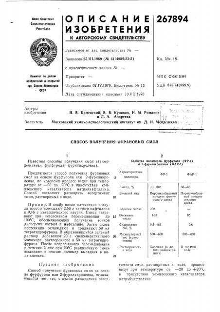 Способ получения фурановых смол (патент 267894)