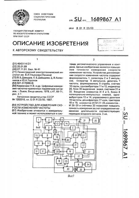 Устройство для измерения скорости изменения частоты (патент 1689867)