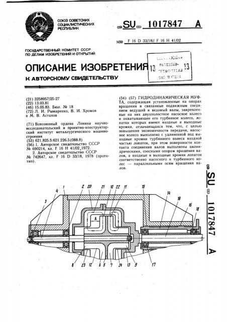 Гидродинамическая муфта (патент 1017847)