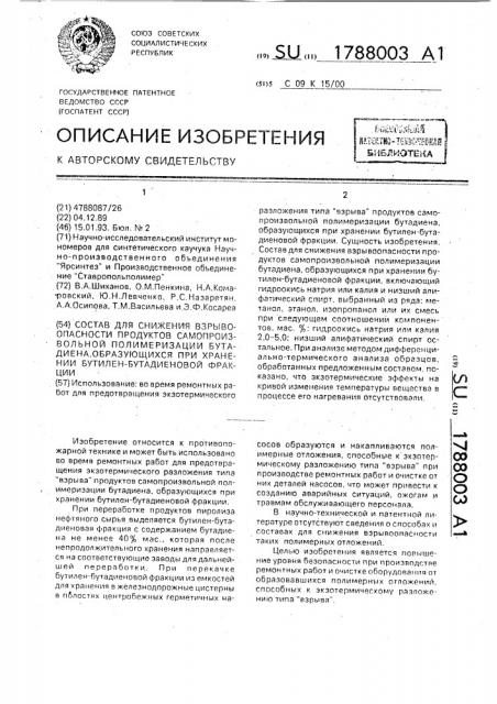 Состав для снижения взрывоопасности продуктов самопроизвольной полимеризации бутадиена, образующихся при хранении бутилен-бутадиеновой фракции (патент 1788003)