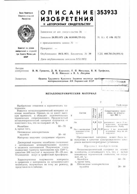 Металлокерамический материал (патент 353933)