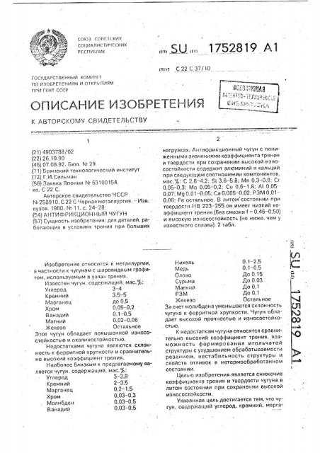 Антифрикционный чугун (патент 1752819)