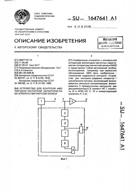 Устройство для контроля амплитудно-частотной характеристики аппарата магнитной записи (патент 1647641)