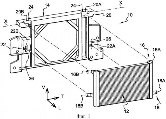 Конструкция для установки теплообменника на вертикальном конструктивном элементе, образующем переднюю техническую сторону автотранспортного средства (патент 2474501)