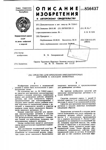 Средство для крепления имплантируемых датчиков к сосудам животного (патент 856437)