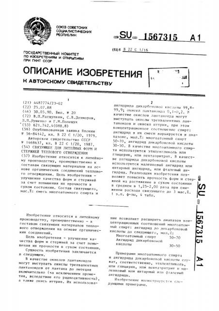 Связующее для литейных форм и стержней теплового отверждения (патент 1567315)