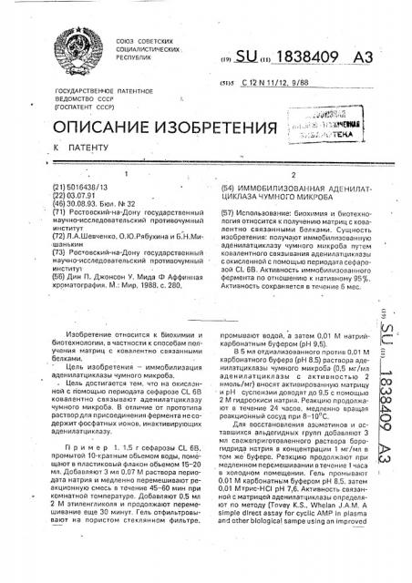 Иммобилизованная аденилатциклаза чумного микроба (патент 1838409)