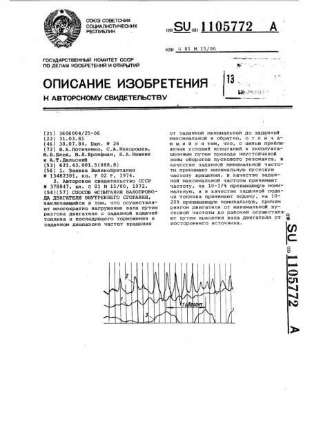 Способ испытания валопровода двигателя внутреннего сгорания (патент 1105772)