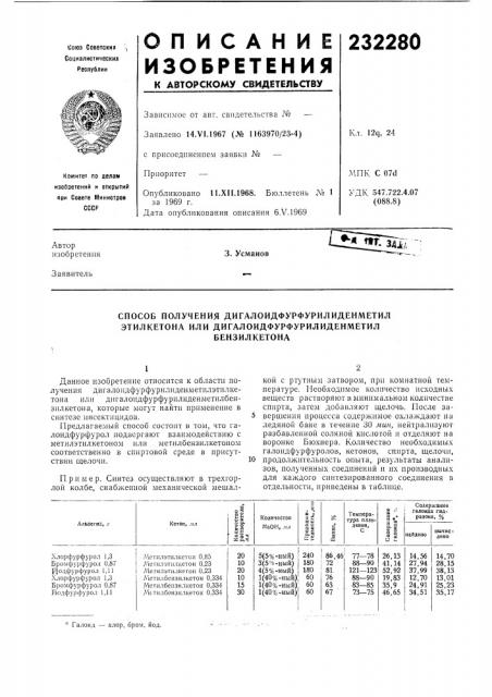 Способ получения дигалоидфурфурилиденл1етил этилкетона или дигалоидфурфурилиденметил (патент 232280)
