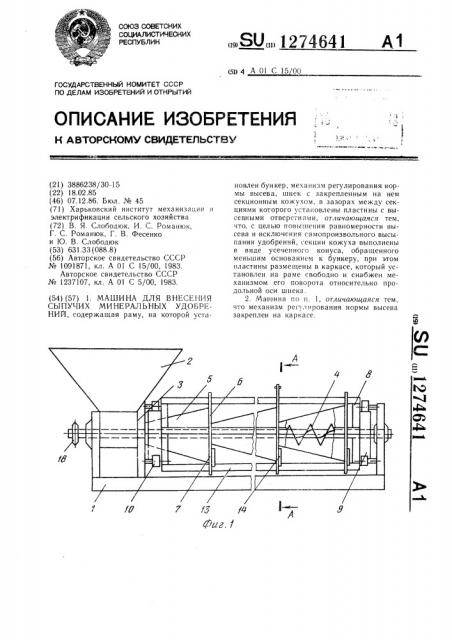 Машина для внесения сыпучих минеральных удобрений (патент 1274641)