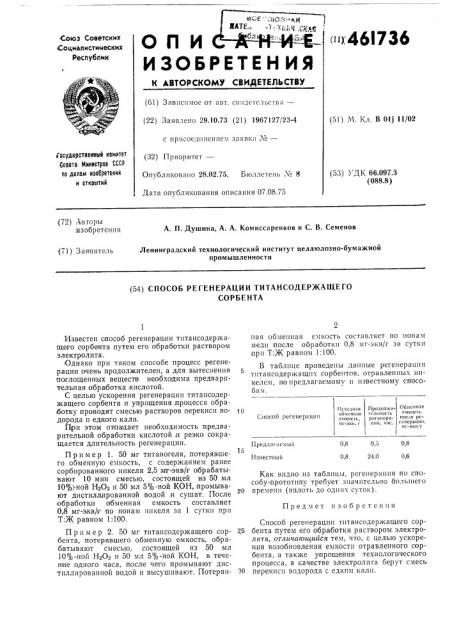 Способ регенирации титансодержащего сорбента (патент 461736)