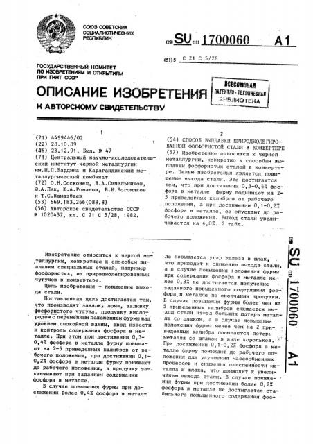 Способ выплавки природнолегированной фосфористой стали в конвертере (патент 1700060)