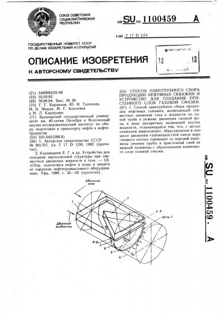 Способ однотрубного сбора продукции нефтяных скважин и устройство для создания пристенного слоя газовой смазки (патент 1100459)