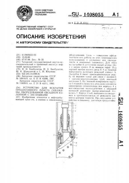 Устройство для вскрытия продуктивного пласта скважины, оборудованной обсадной колонной с заглушками (патент 1408055)