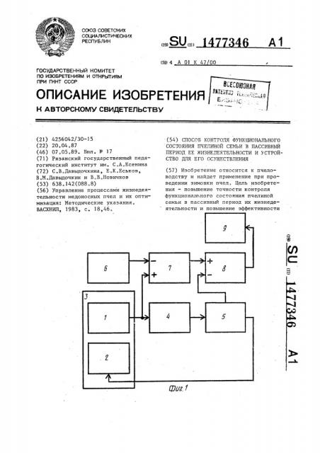 Способ контроля функционального состояния пчелиной семьи в пассивный период ее жизнедеятельности и устройство для его осуществления (патент 1477346)