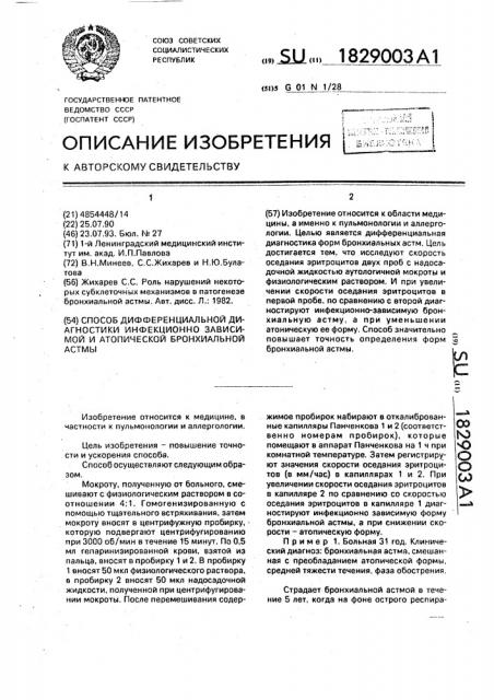 Способ дифференциальной диагностики инфекционно зависимой и атопической бронхиальной астмы (патент 1829003)