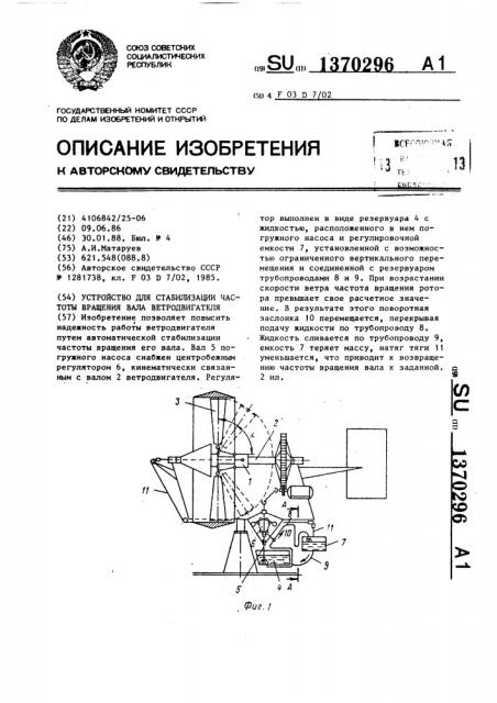 Устройство для стабилизации частоты вращения вала ветродвигателя (патент 1370296)