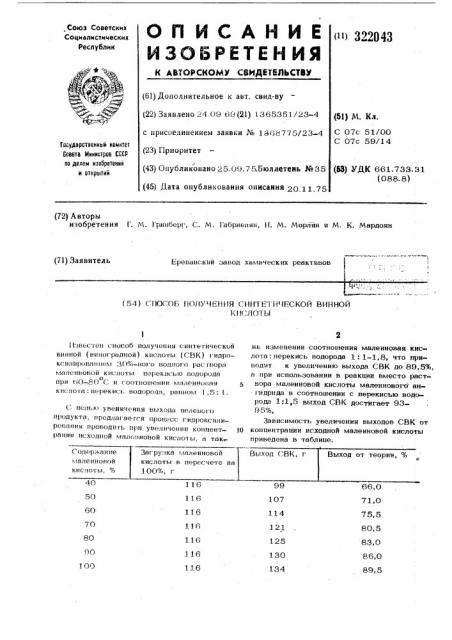 Способ получения синтетической винной кислоты (патент 322043)