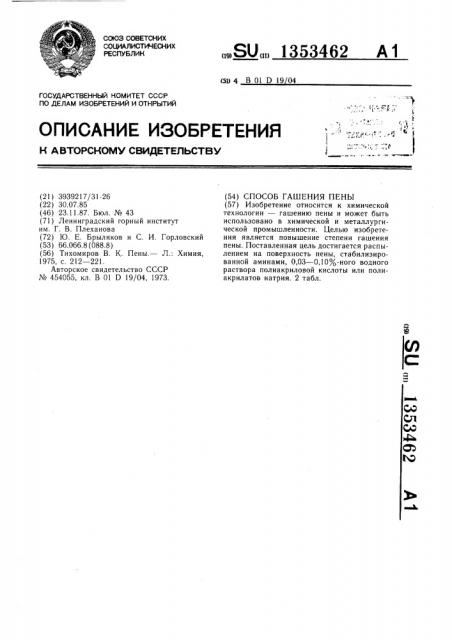 Способ гашения пены (патент 1353462)